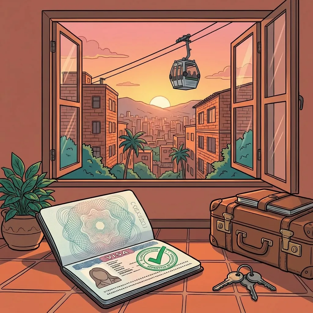 A traveler's passport with a fresh extension stamp beside a laptop showing an approved permit, warm evening light