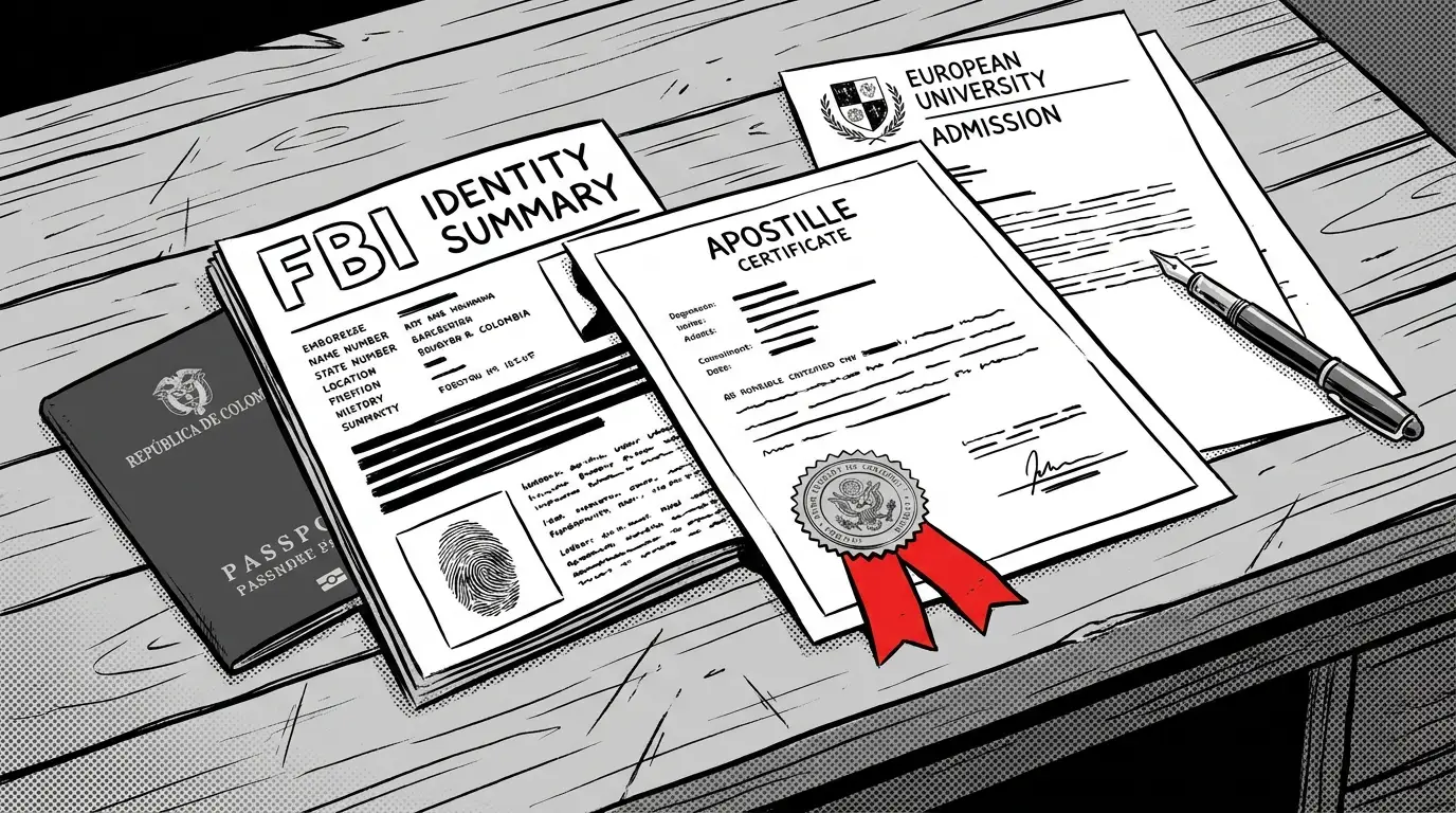 Un pasaporte colombiano sobre un escritorio junto a un informe del FBI, un certificado de apostilla con sello y cinta roja, y una carta de admisión de una universidad europea