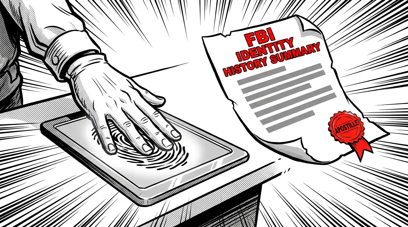 A hand on a digital fingerprint scanner beside an FBI Identity History Summary bearing a red apostille seal